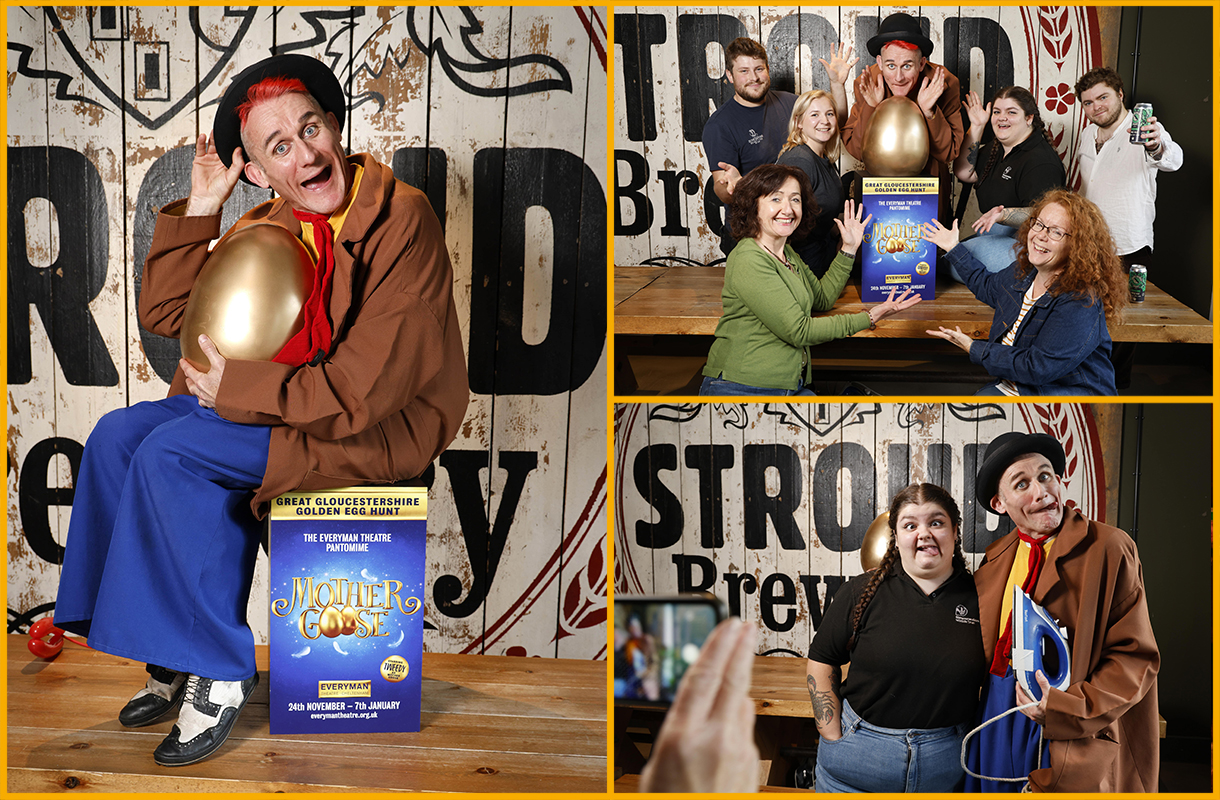 Tweedy the Clown and workers from Stroud Brewery posing alonside a large golden egg